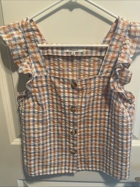 Madewell Checked Ruffle-Sleeve Button Tank - Rust, Blue & White